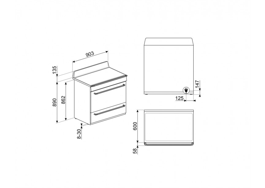 Smeg TR90IGR2 90cm A inductiefornuis oven opberglade Grijs