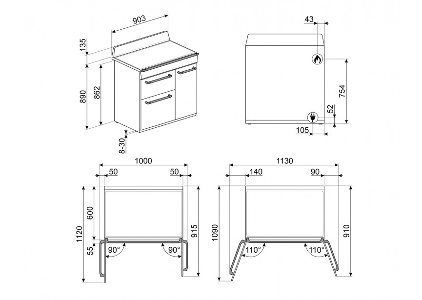Smeg TR93GR 90cm A+ gasfornuis multi-oven grilloven Grijs
