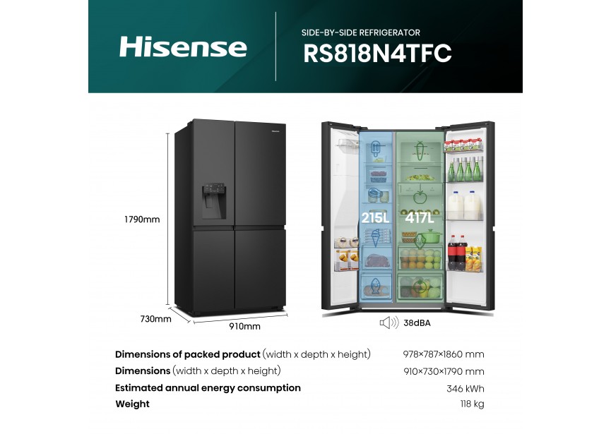 Hisense RS818N4TFC Zwarte Amerikaanse koelkast kraan nodig